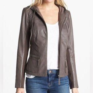 Hinge hooded‎ leather zip taupe Jacket Women’s Sz M